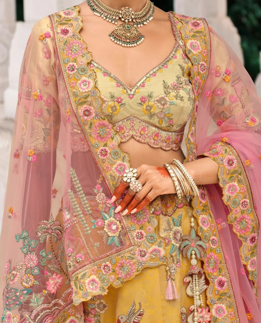 YELLOW - Corn Yellow Fancy Silk Lehenga Choli With Cut Work Embroidery Border & Stone Work